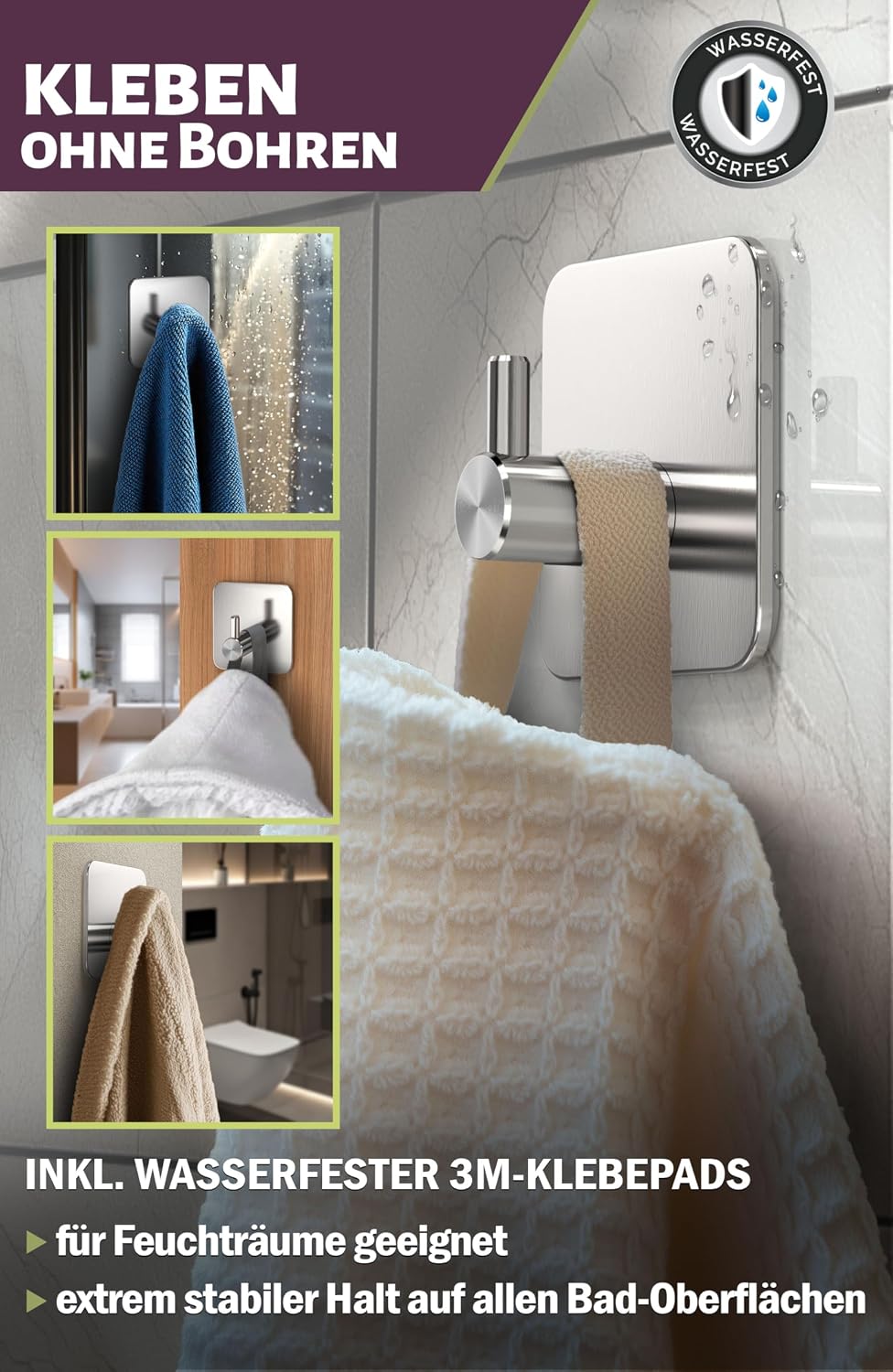 Menz Towel Rail No Drilling Classic Adhesive Hooks Set of 6 Silver