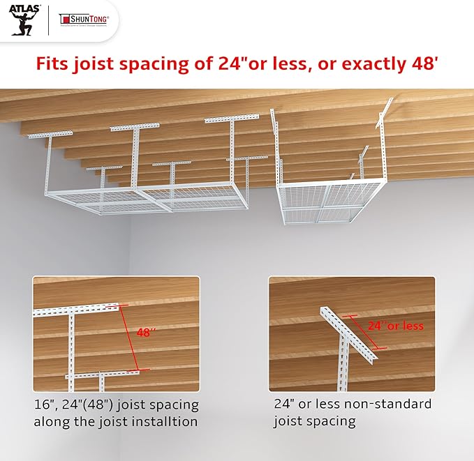 The Atlas 4 x 8 ft Adjustable Height Overhead Garage Storage Rack 900 lbs Heavy