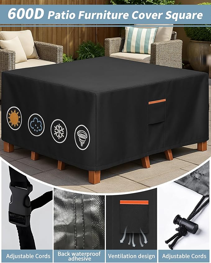 Outdoor Waterproof Furniture Cover, 86W x 86L x 28H inches Heavy Duty 600D