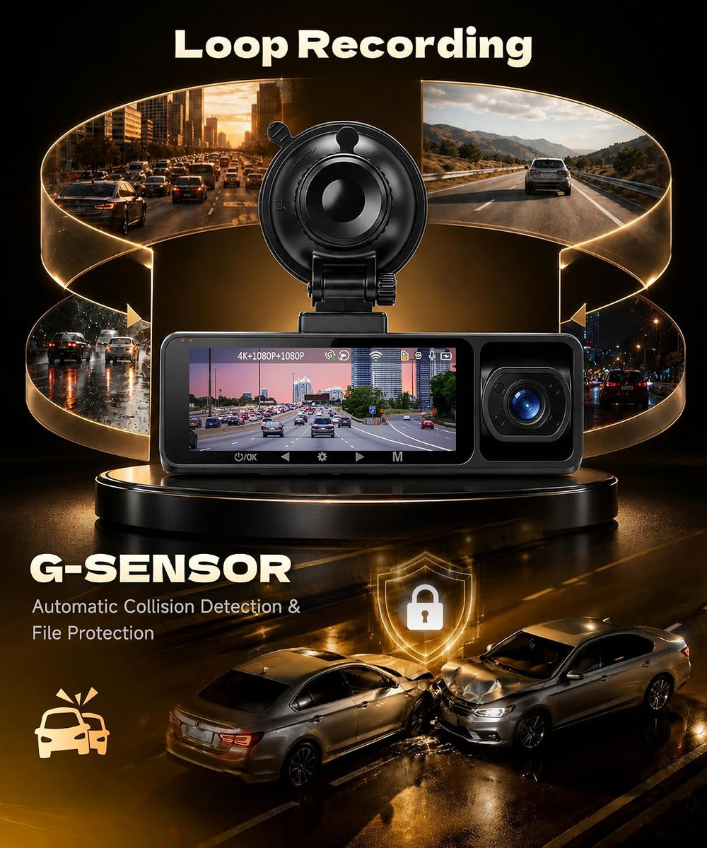 4K Dash Cam Front Rear and Inside, 3 Channel with 5.8GHz WiFi, 64GB Card