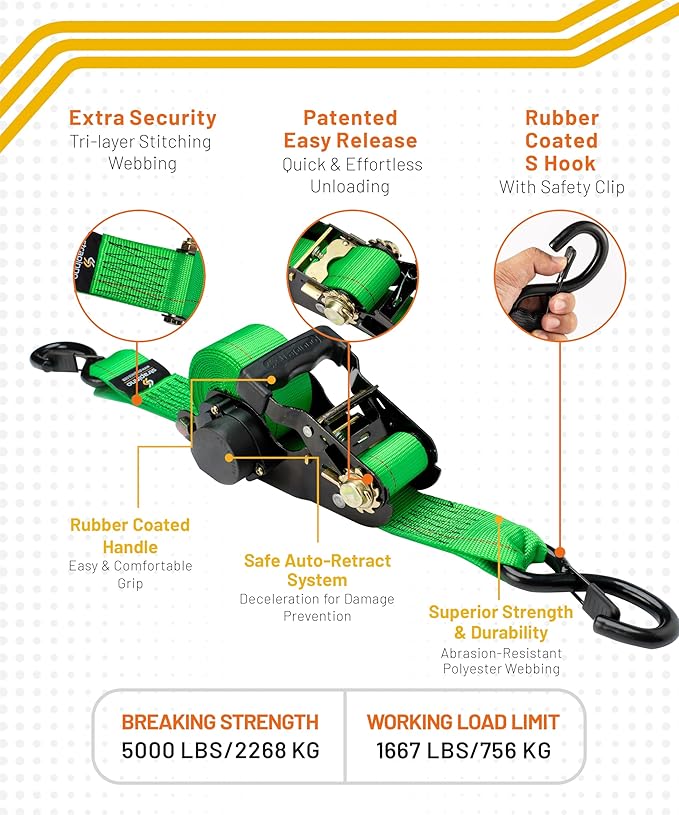 Strapinno Retractable Ratchet Tie-Down Straps, 000 lbs Breaking Strength- 2 in
