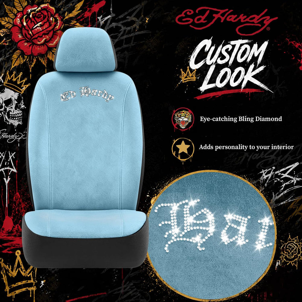 ED HARDY Car Seat Covers, Light Blue Short Plush & Silver Diamond Graphic