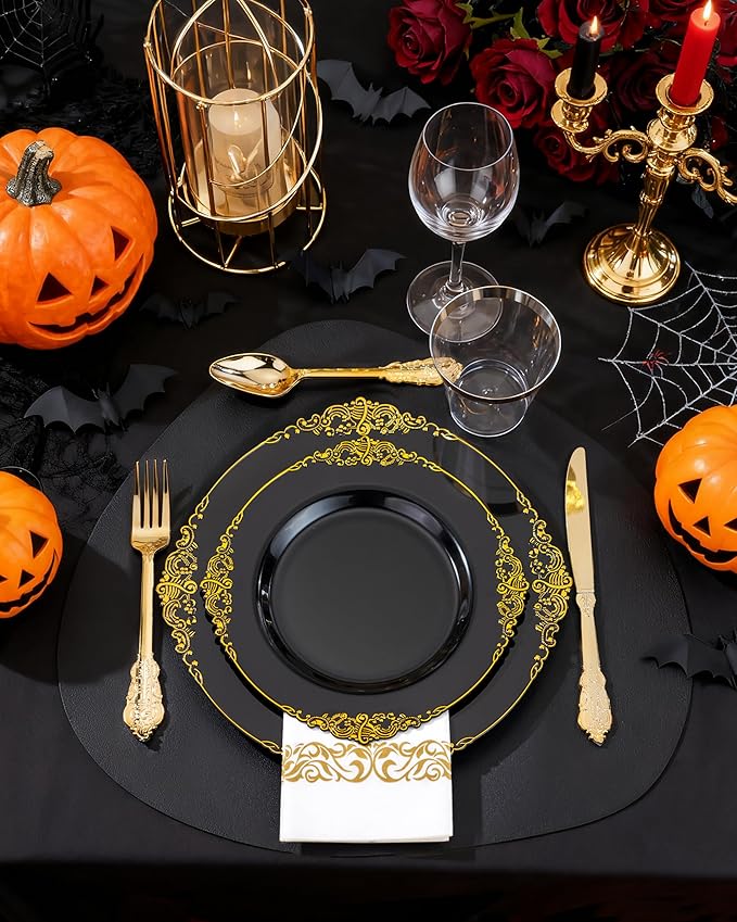Nervure 350PCS Black Plastic Plates - Black Plastic Dinnerware Sets for 50 Gu...