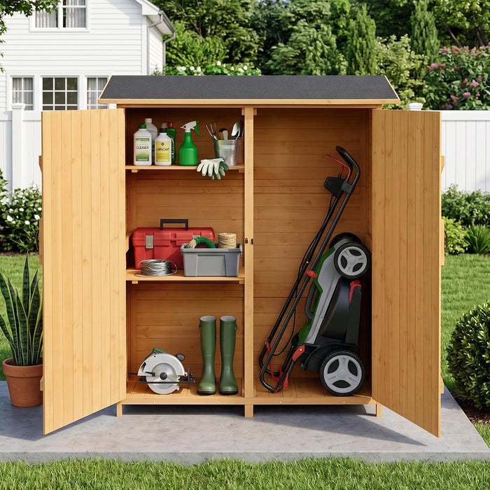 VINGLI Upgraded Outdoor Wooden Storage Shed, Extra Large Garden Shed Outside Tool Cabinet with 2 Safety Latches, Patio Storage Organizer for Garden Yard Lawn Equipment, Teak