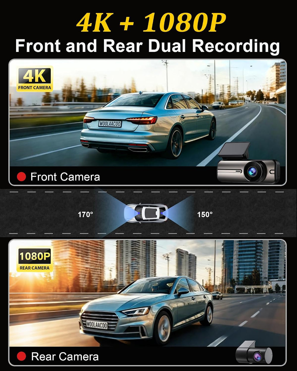 Dash Cam Front and Rear 4K+1080P, 5GHz WiFi, App Control, with 64GB Card