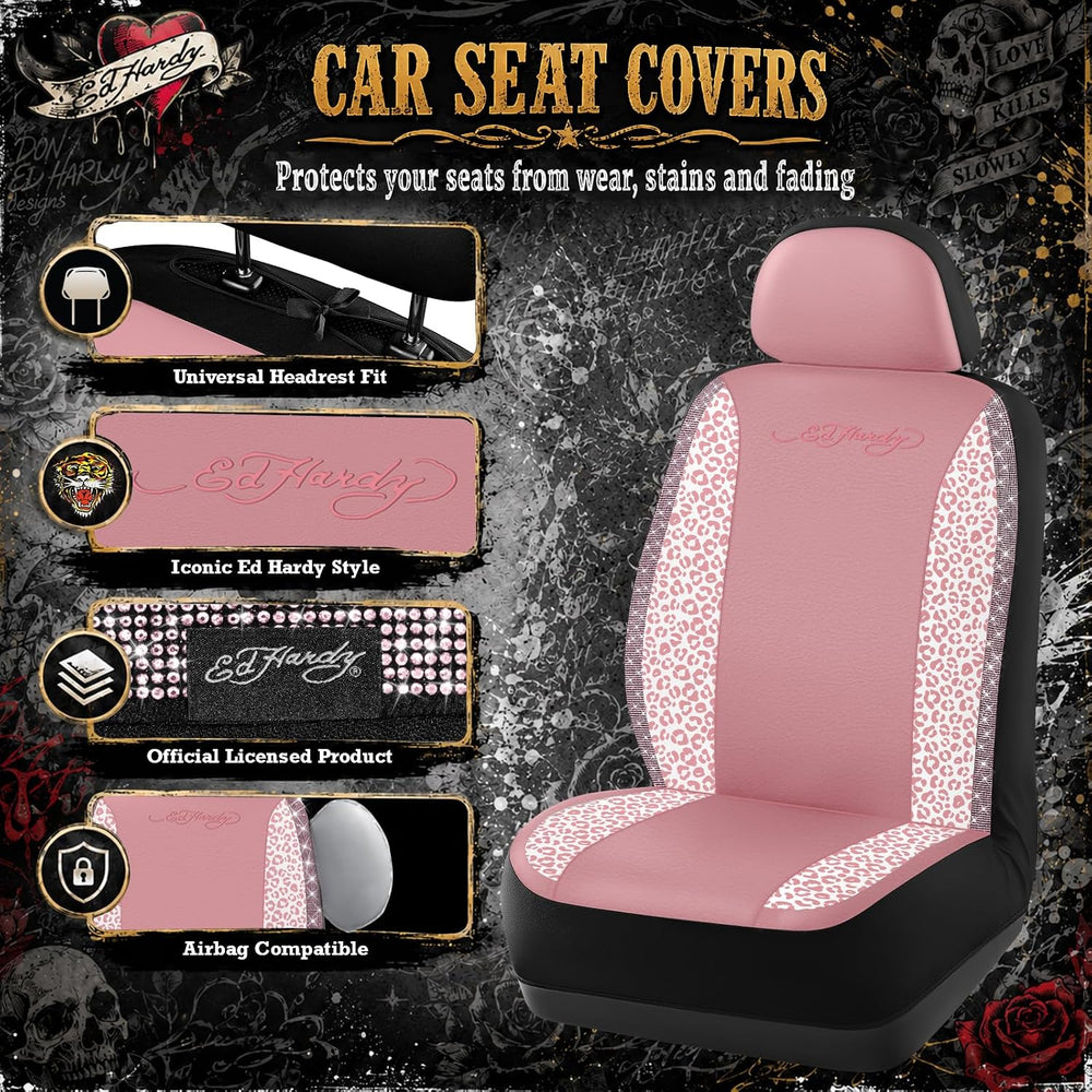 ED HARDY Car Seat Covers, Pink Leopard Print with Pink Rhinestone Trim, Styli...