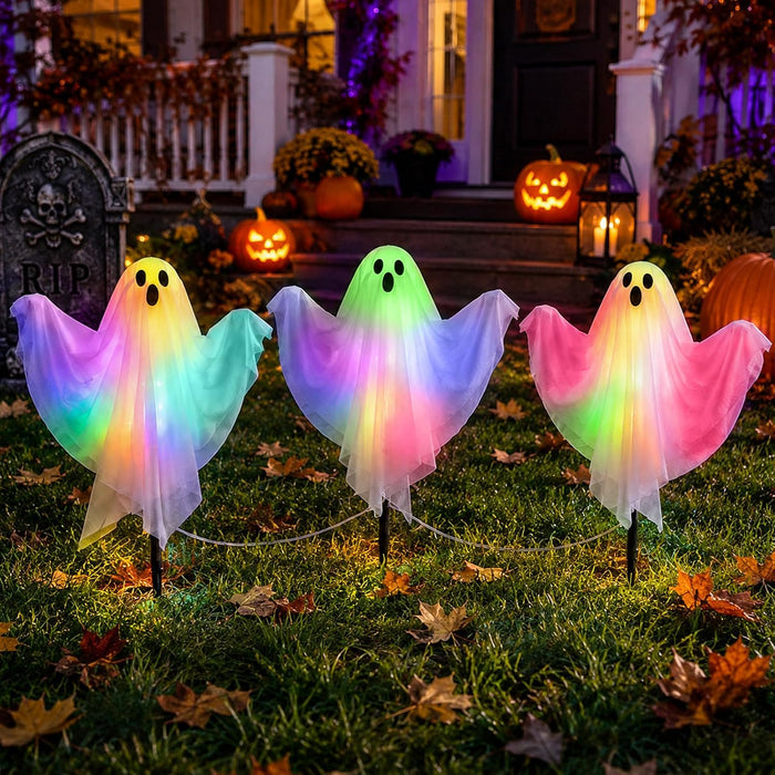 3 Pcs Halloween Lighted Ghost Stakes with Remote Control & Timer, 17.7 inch Glowing Ghost Yard Decorations, LED Outdoor Ghost Pathway Lights, Spooky Lawn Stake Decor for Halloween Yard, Garden,Party