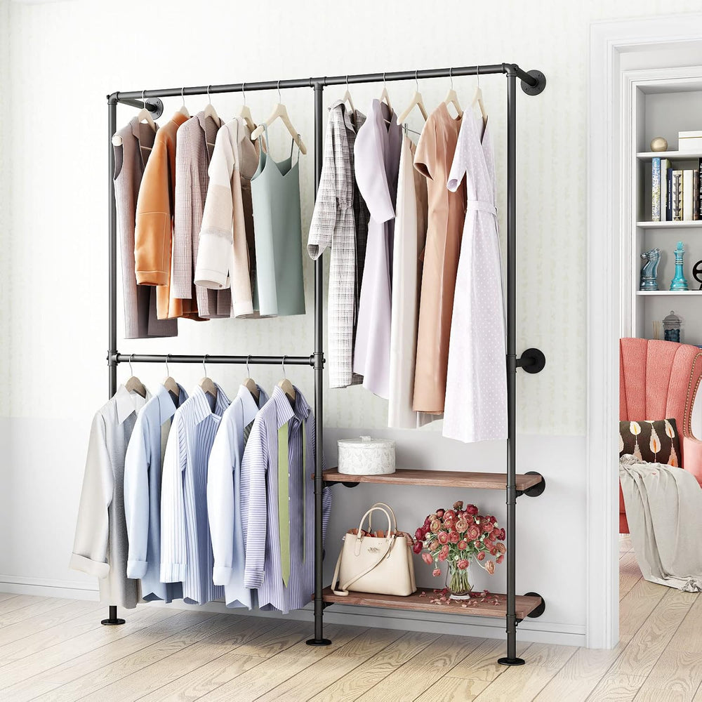 Industrial Pipe Clothes Racks with Black Shelves, Industrial Pipe Black Cloth...