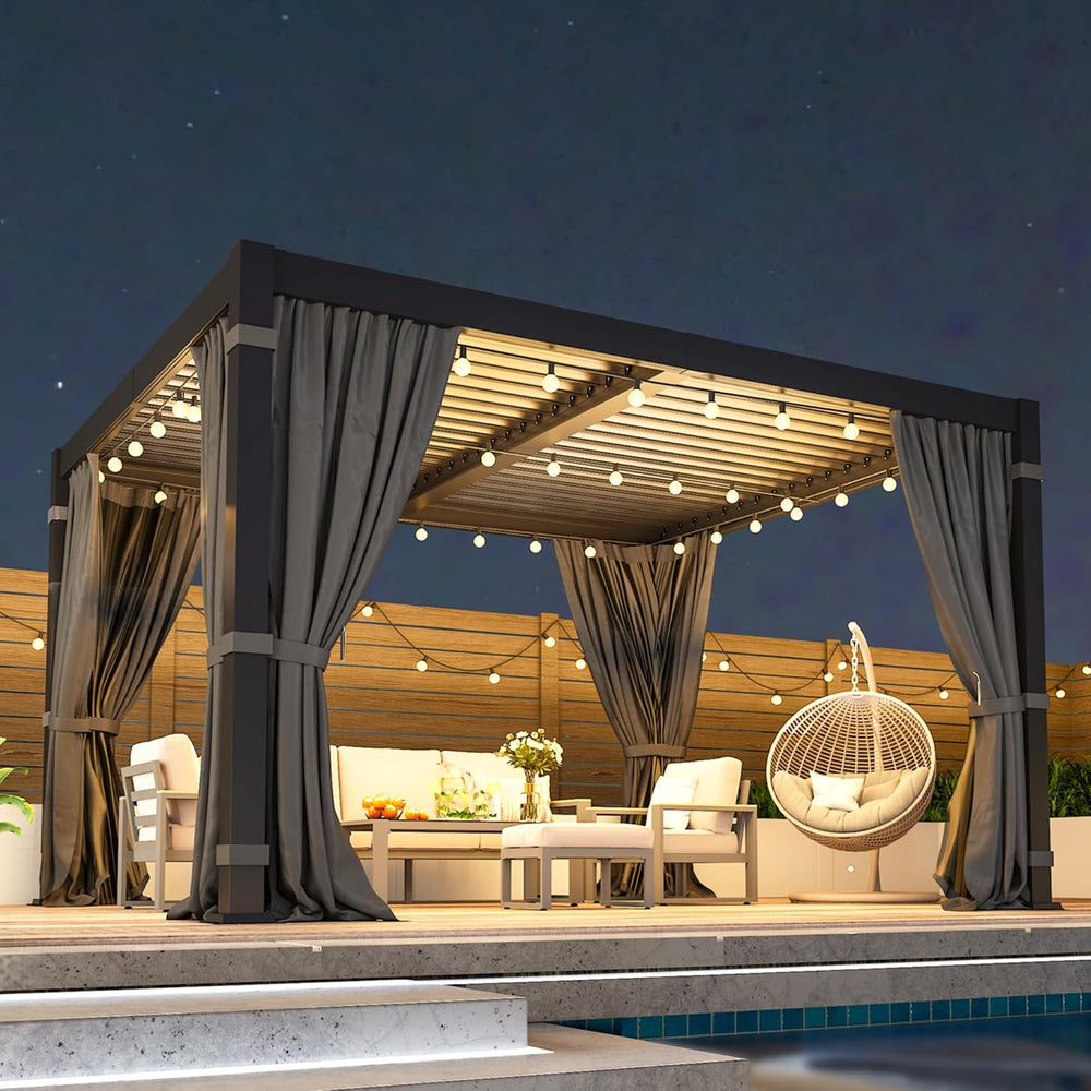 10' x 12' Pergola with Curtain & Adjustable Roof & Aluminum F...