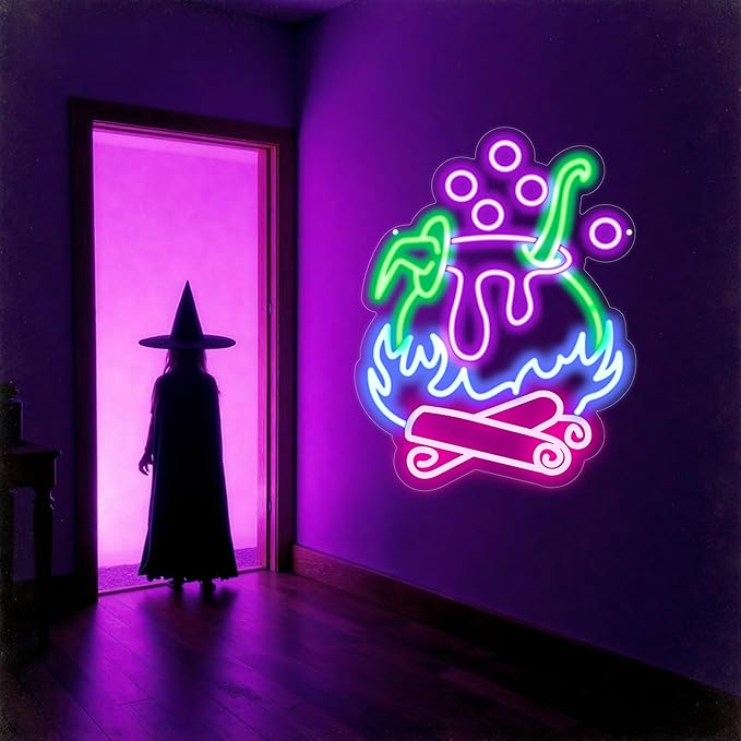 "Witch Brew" Cauldron Neon Sign - Spooky LED Cauldron Wall Art, Spo...