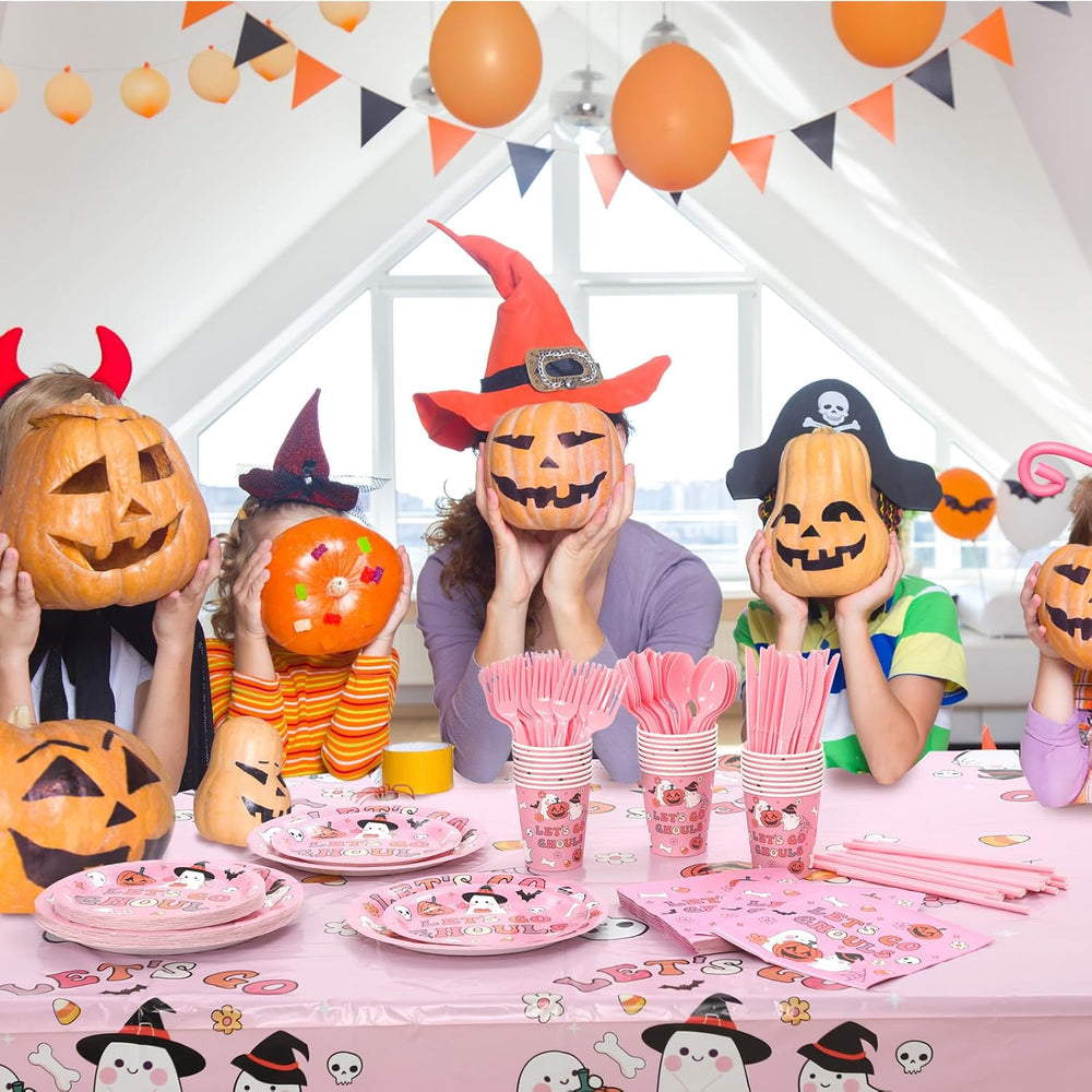 FoldTier 170 Pcs Pink Halloween Party Supplies Let's Go Ghouls Decorations