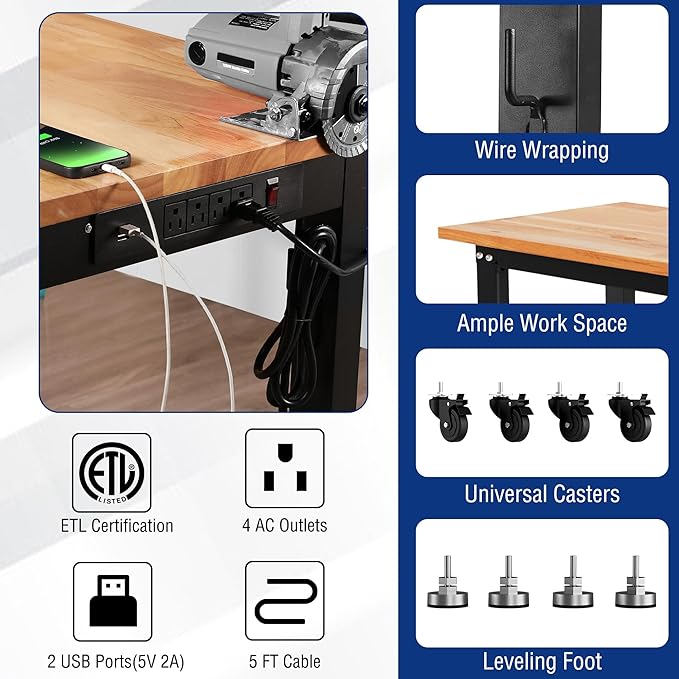 WORKPRO Garage Workbench, Rubber Wood Top Work Desk