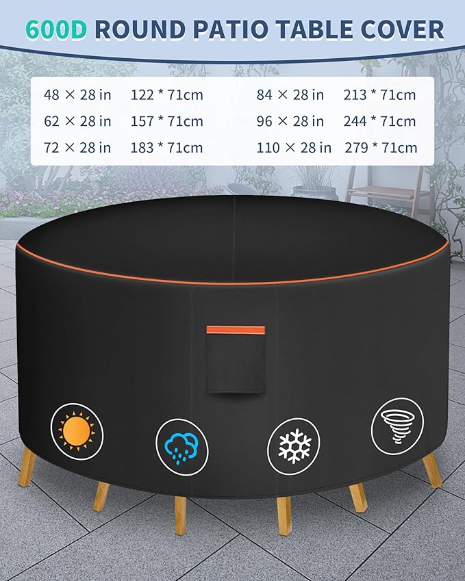 Round Patio Furniture Cover, 110 Inch Diameter Waterproof 600D Heavy Duty Table