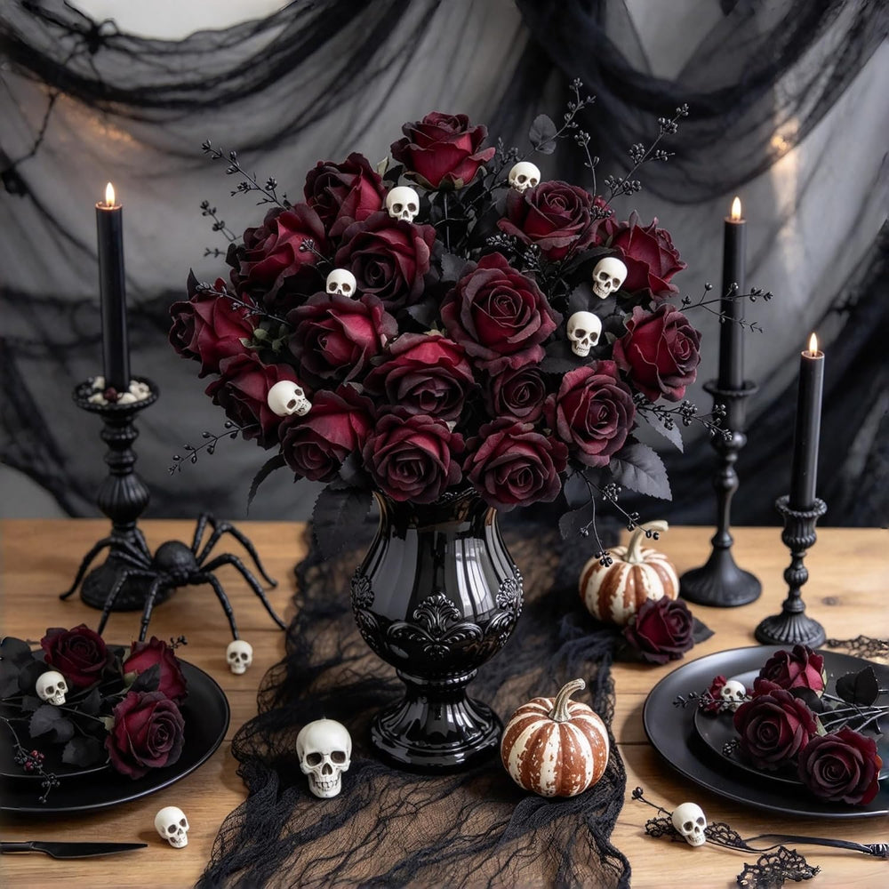 DoubleWood Halloween Artificial Silk Roses, 24Pcs Black Burgundy Flowers