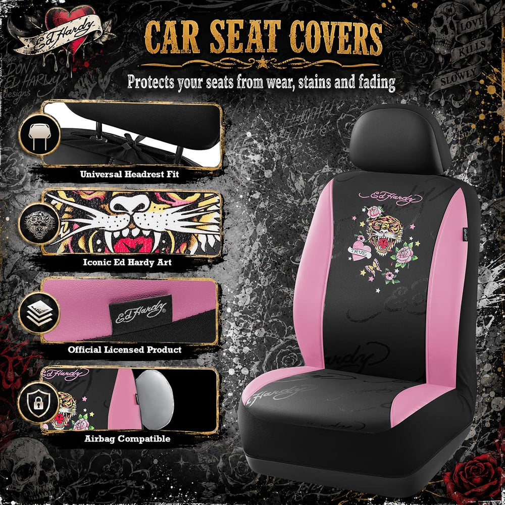 ED HARDY Tiger Print Car Seat Covers, Pink Premium Leather Front Seat Covers,...