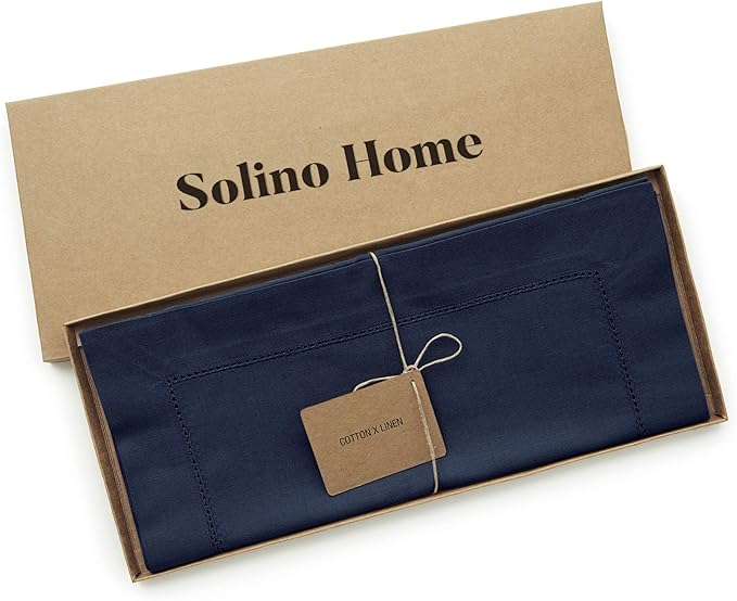 Solino Home Cotton Linen Navy Blue Table Runner 72 Inches Long - Hemstitch Ta...