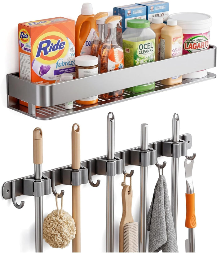 24 Inch Mop and Broom Holder Wall Mount, Broom Hanger Organizer with Hooks