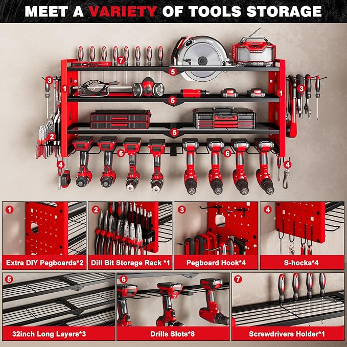 Power Tool Organizer Wall Mount, Cordless Drill Organizer, 4 Layers Large