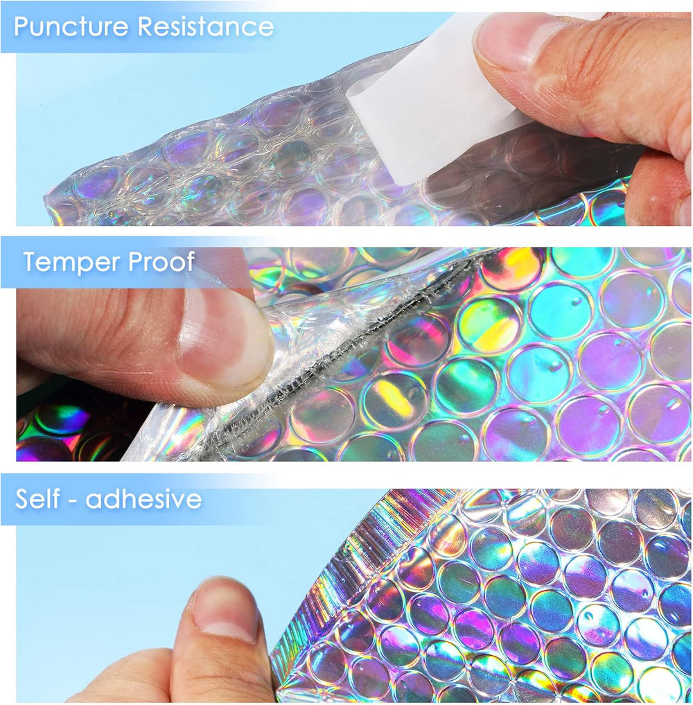 100 Pack Metallic Bubble Mailers 3 Sizes Holographic Padded Bubble Rainbow Po...
