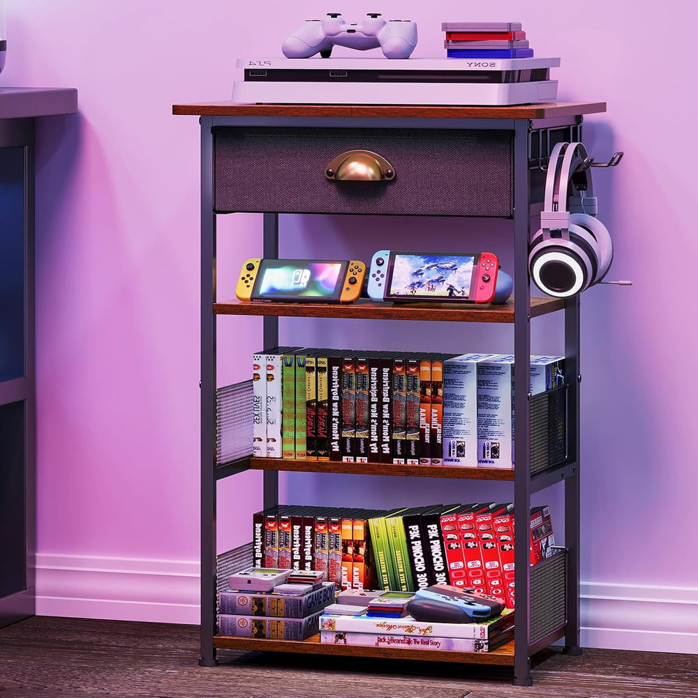 Hongtamoya 4-Tier AV Media Stand with Drawer, Gaming Console Shelf