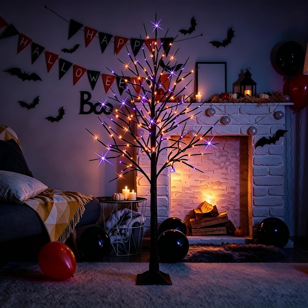 Dazzle Bright 2 Pack Halloween Lighted Up Birch Tree, Total 96 LED Purple and...