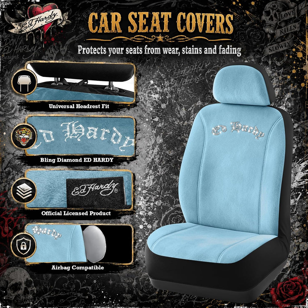 ED HARDY Car Seat Covers, Light Blue Short Plush & Silver Diamond Graphic