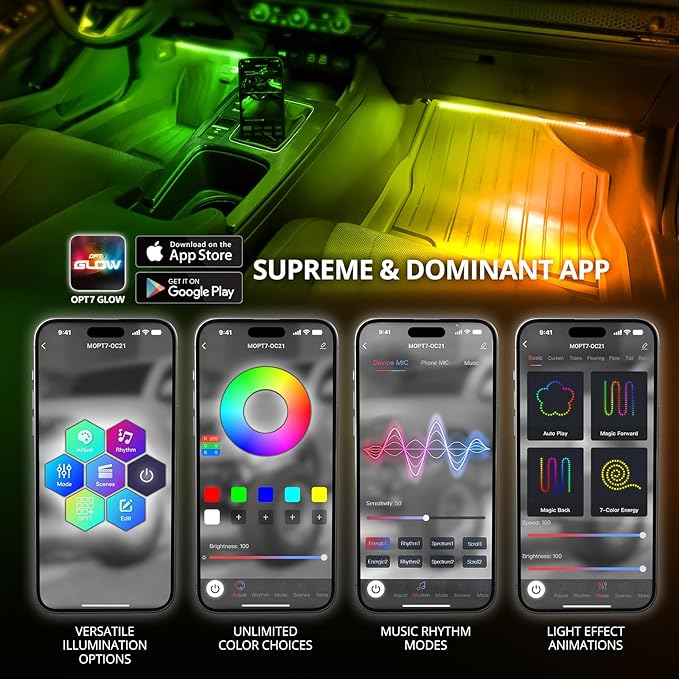 OPT7 Aura DreamColor RGB-IC Car Interior Ambient Light, Color Chasing Light Kit
