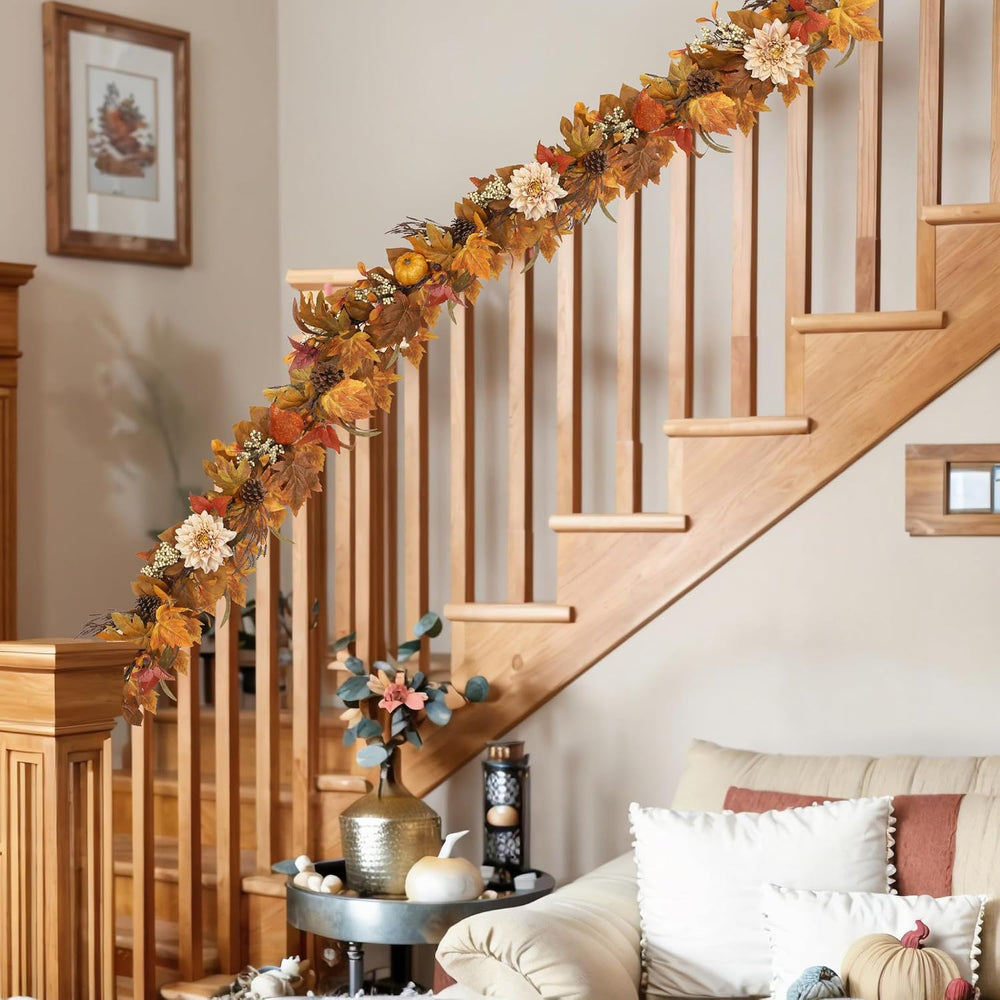 Fall Garland 6Ft Lifelike Autumn Maples Leaf Pumpkin Garland with Berries Pin...