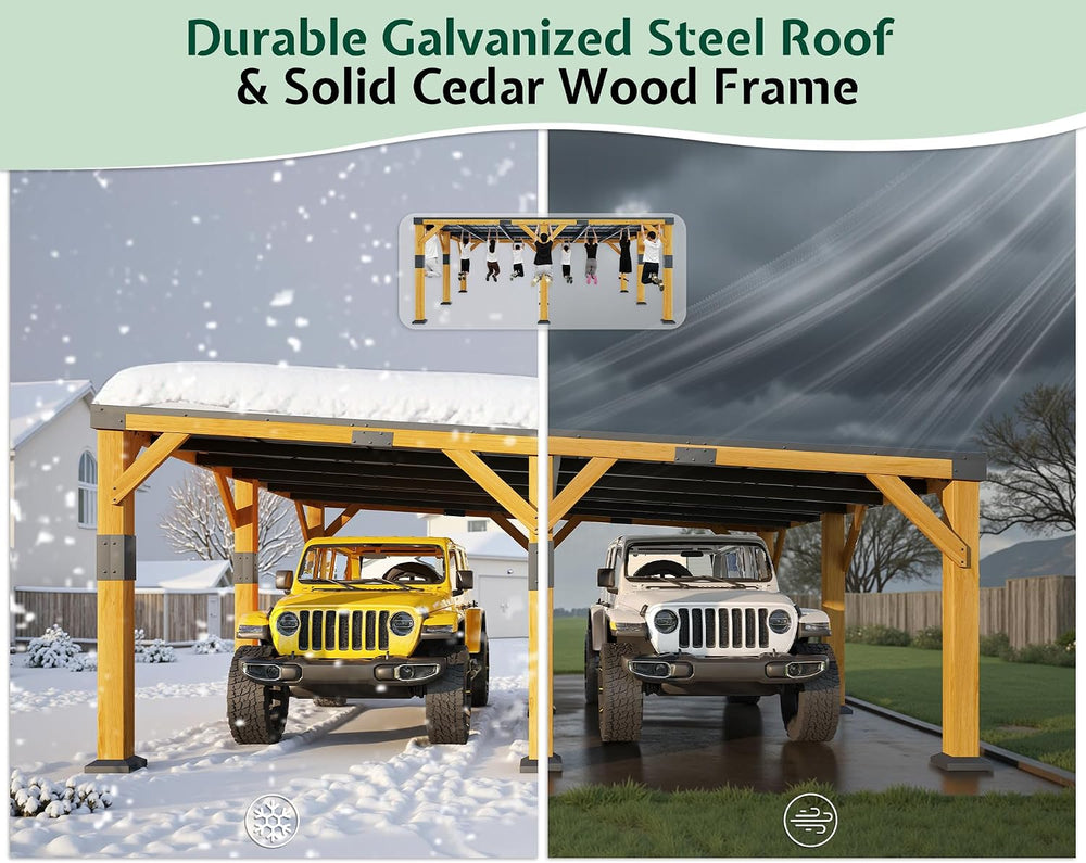 Jocisland 20x20x9.2 FT Heavy Duty Cedar Wood Carport for 2 Cars