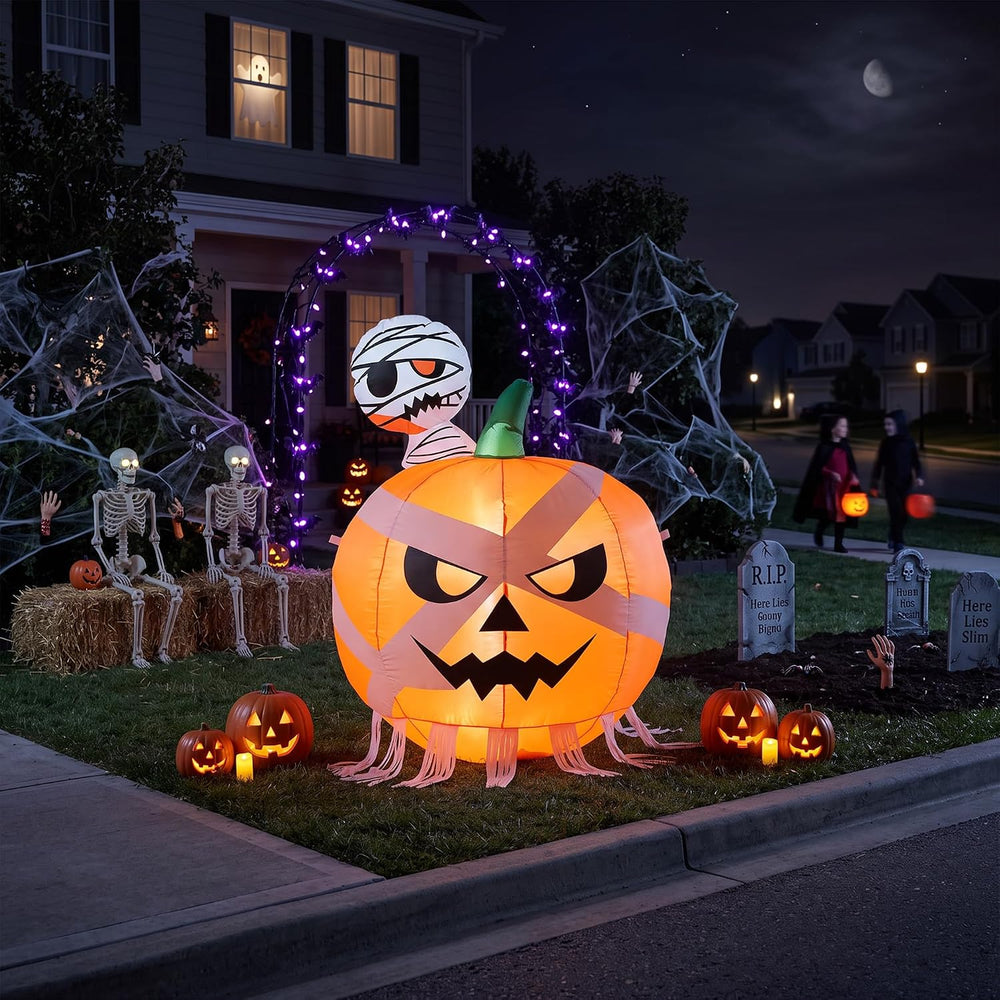 4FT Halloween Inflatables Pumpkin with Mummy Outdoor Decorations with Built-i...