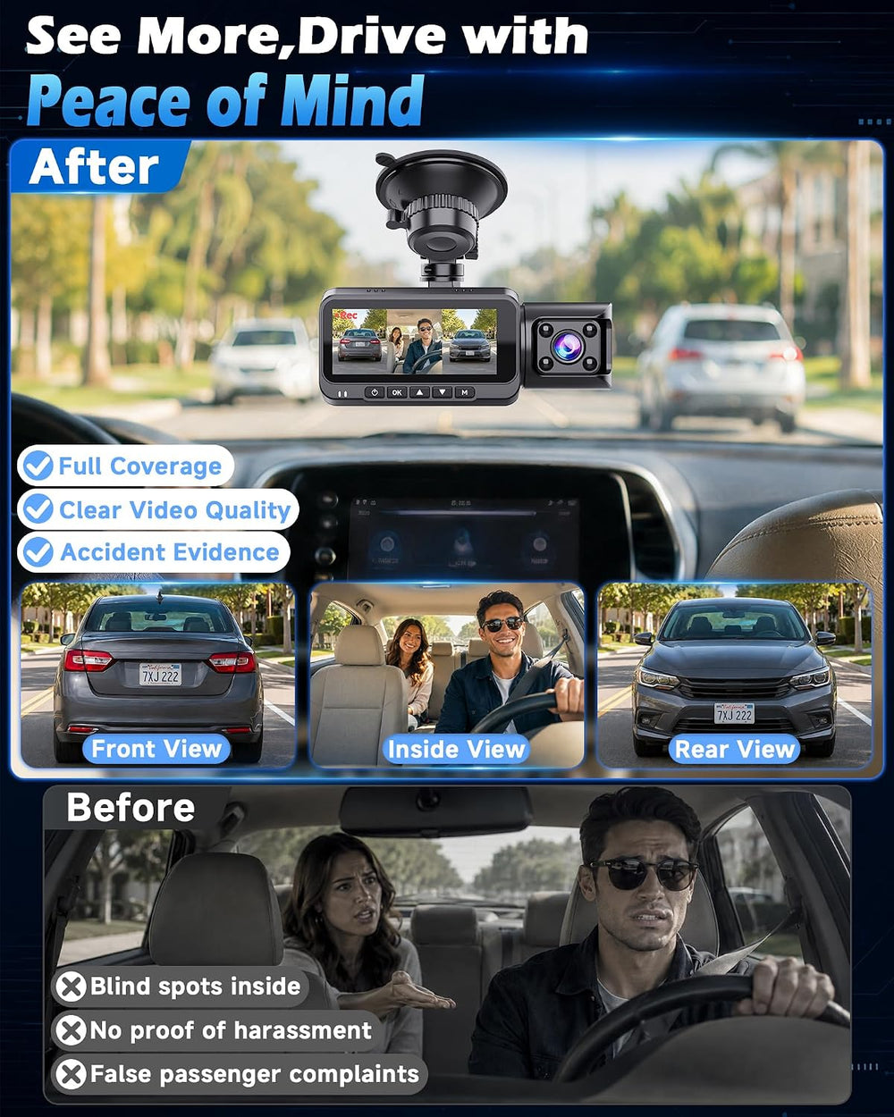 4K+2.5K+1296P 3 Channel Dash Cam: Front Rear Inside Car Camera, 64GB Card