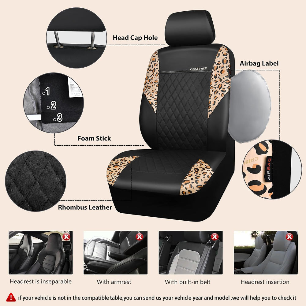 CAR PASS Leather Leopard Two Front Seat Cover Only, Universal Quilting Waterp...
