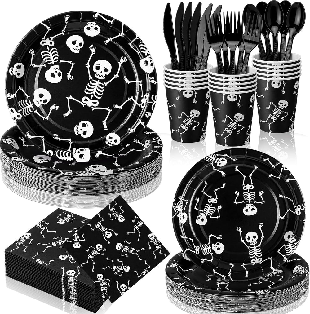210 Pcs Halloween Skeleton Plates and Napkins Party Supplies for 30 Guests