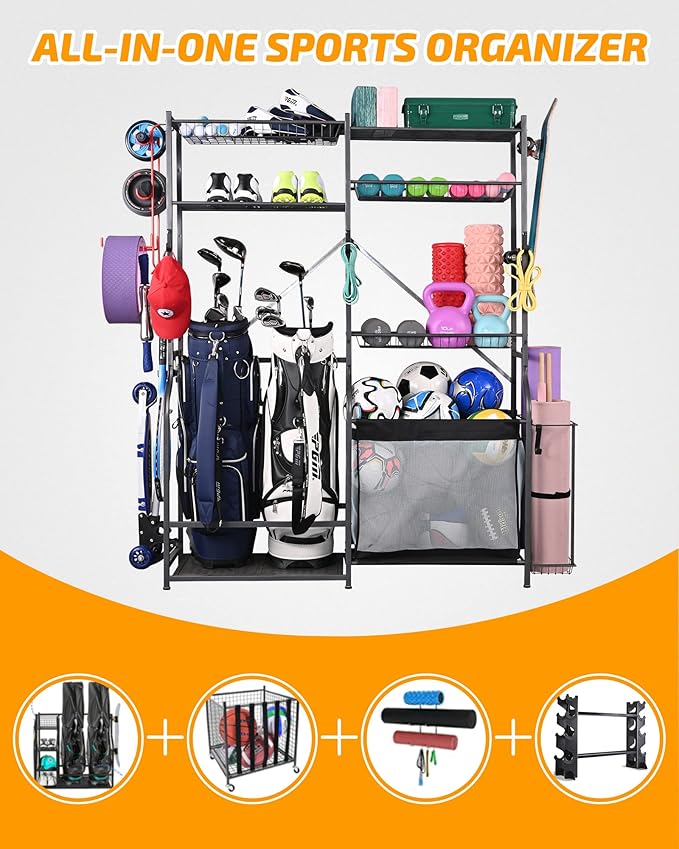 PLKOW Golf Storage Ball Rack Garage Organizer, 2 Golf Bag Organizer and Other