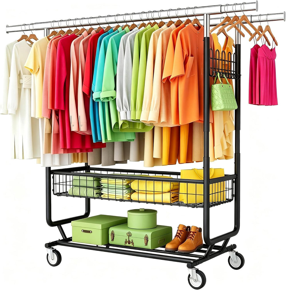 Gewudraw Clothes Rack Heavy Duty Load 1060 LBS with Wheels,Commercial,Black