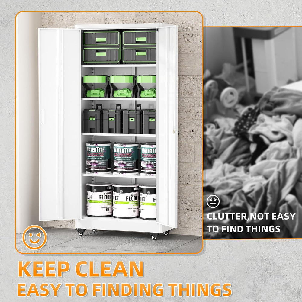 Superday 73" Metal Storage Cabinet with Wheels, Lockable Steel Utility C...