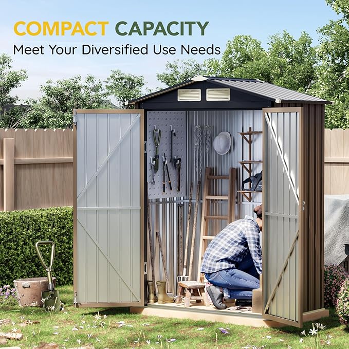 Breezz 5x3FT Outdoor Steel Storage Shed, Lockable Doors, Compact Metal Tool Shed