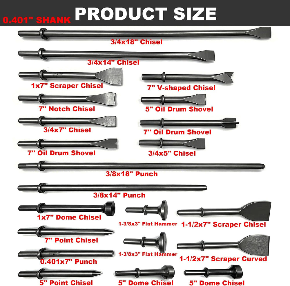 22‑Piece Air Hammer Bits Set,0.401 Inch Shank Pneumatic Chisel Bits Kit,Cr-Mo...