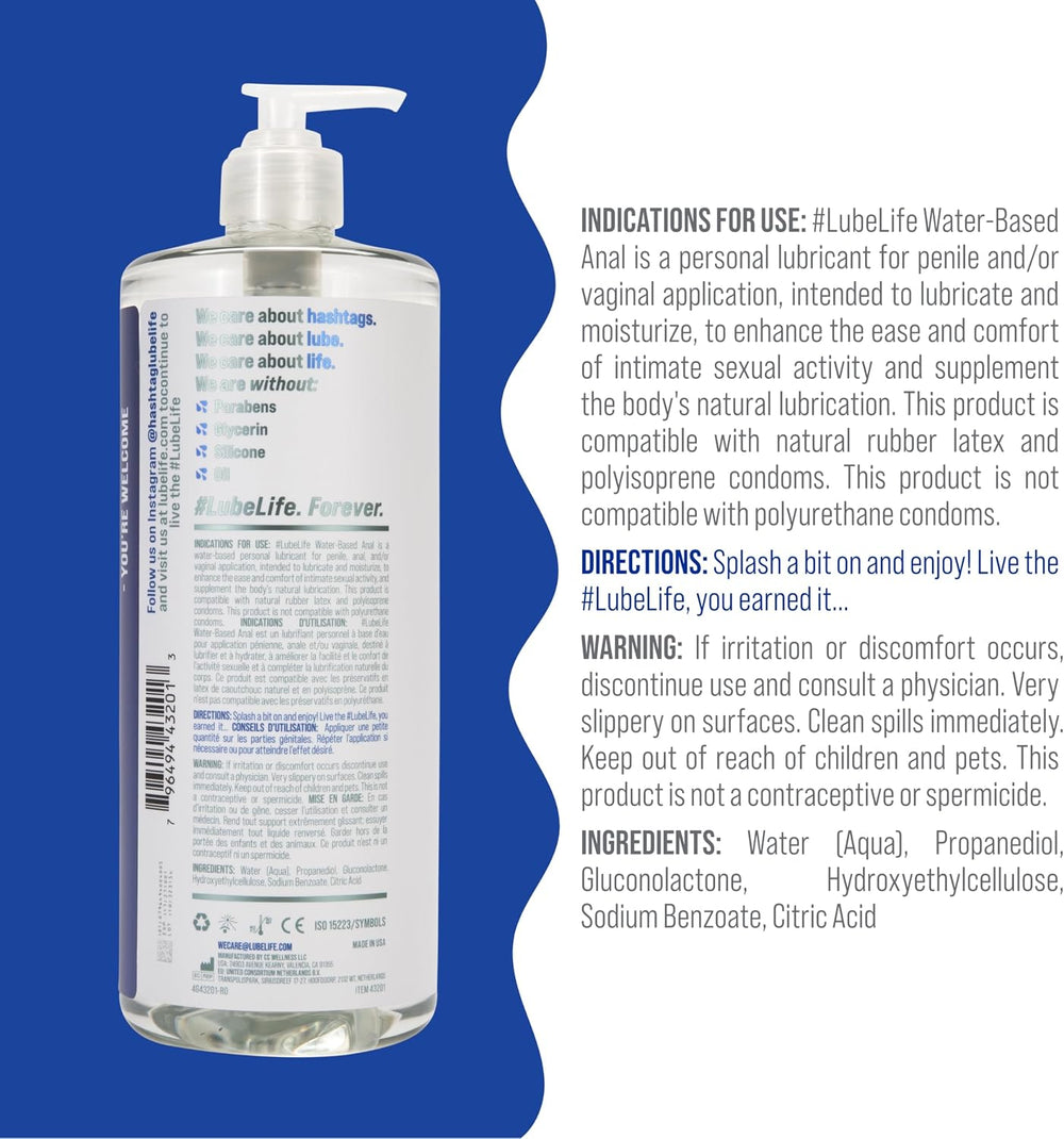 LUBELIFE Water Based Anal Lube, Personal Lubricant, for Men Women, 32 Fl Oz