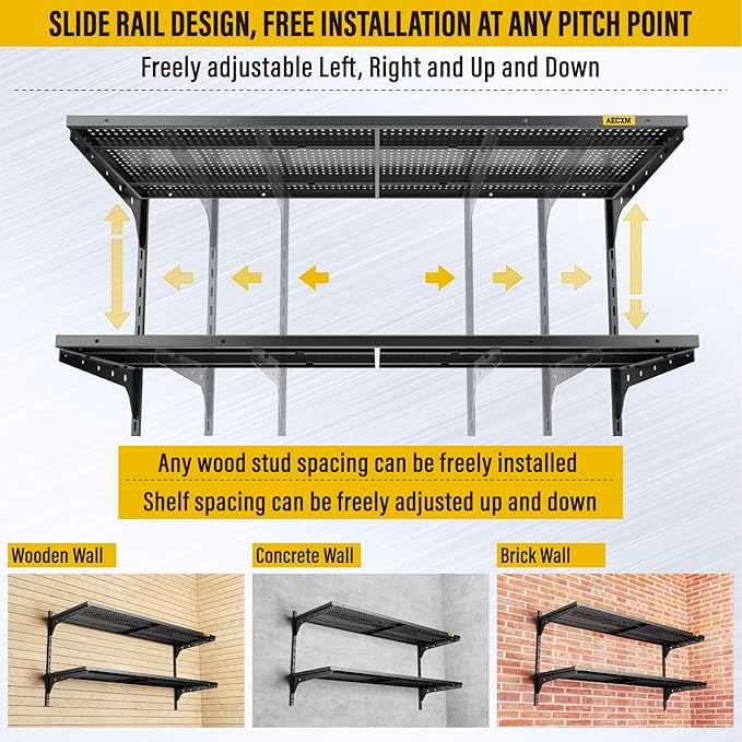 2 Tier 1.3x4ft Garage Shelving Wall Mounted, 400 lbs Load Capacity，15.6x48inch