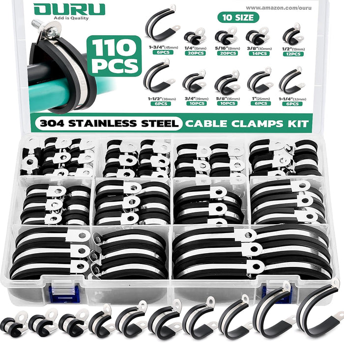 110PCS Cable Clamps Assortment Kit, 10 Sizes—1/4" 5/16" 3/8" 1/2" 5/8" 3/4" 1"