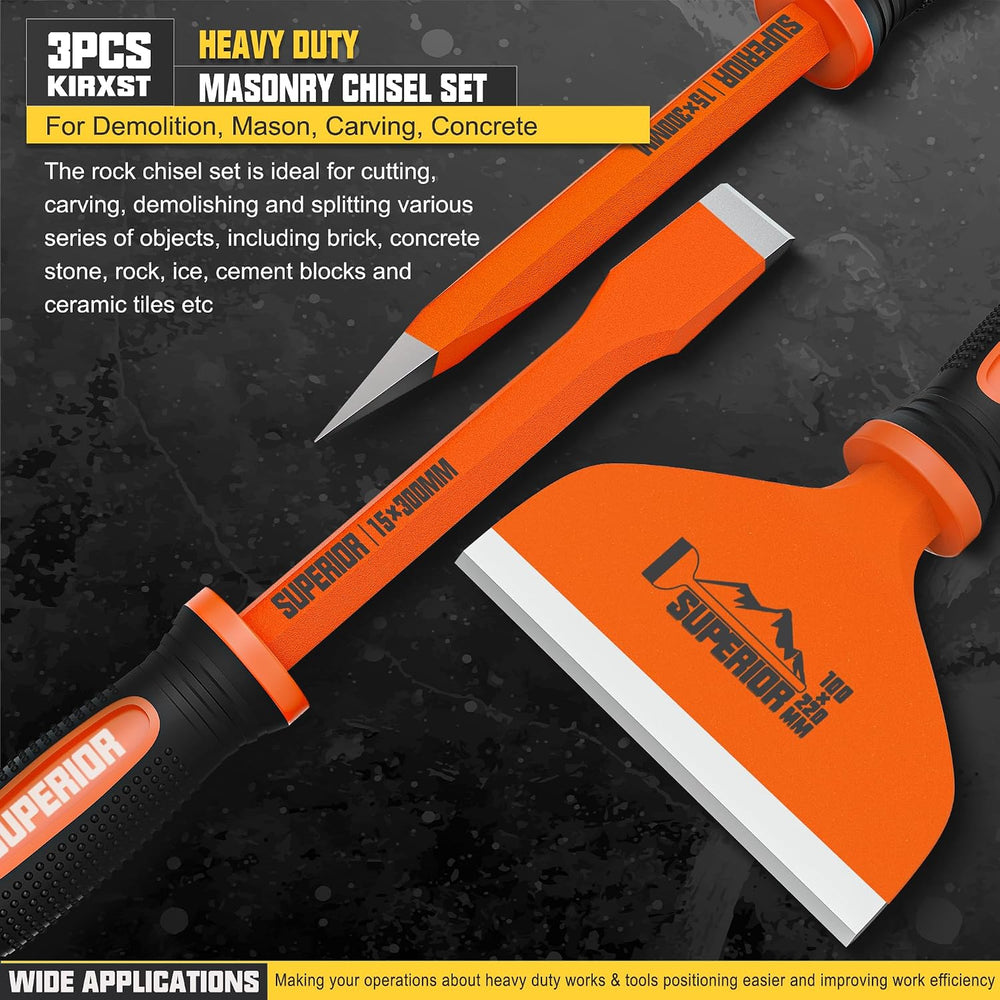 3Pcs Heavy Duty Masonry Chisel Set with Hand Guard Concrete Chisel Tools Incl...