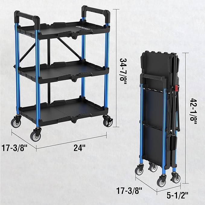 WORKPRO 3-Tier Collapsible Service Cart, 210 LBS Foldable Utility Service Cart