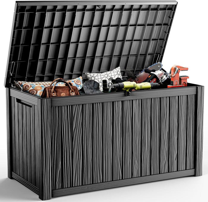 230 Gallon Outdoor Deck Box, Resin Waterproof Storage Box With Lockable Lid, UV-Resistant Multi-Purpose Outdoor Storage Bench for Patio Cushions, Garden Tools, Pool Accessories (Black)