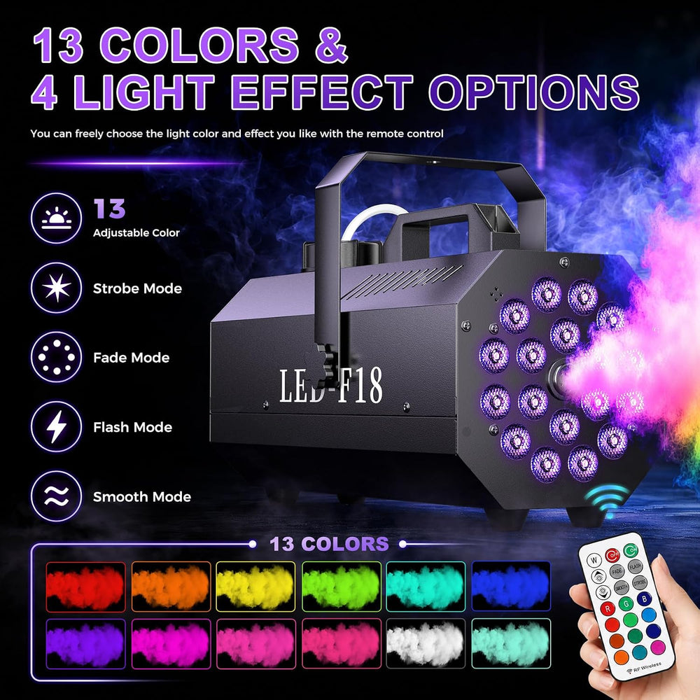 1200W Fog Machine, 6000CFM for Halloween, 18 LED Lights & Remote