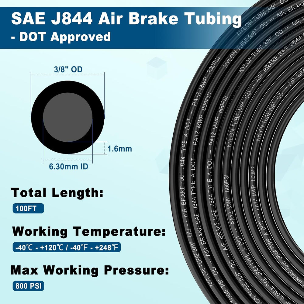 3/8" DOT Air Line, 100FT SAE J844 PA12 Nylon Air Tubing with Cutter