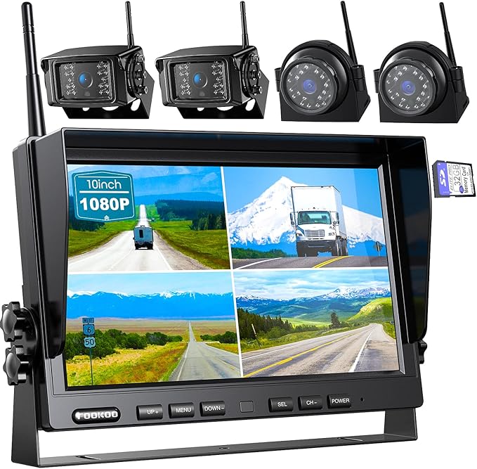 Fookoo HD 10" Wireless Backup Camera System, 1080P 10-inch Quad Split Monitor