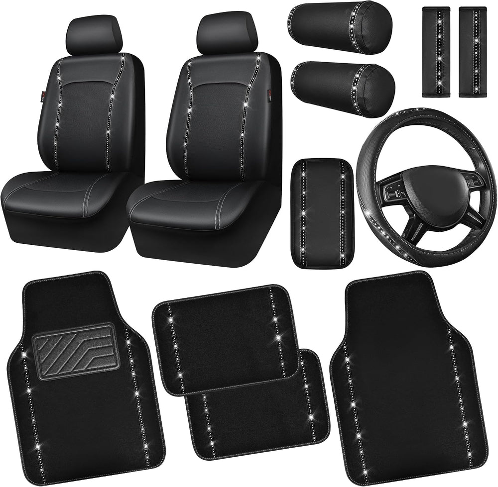 CAR PASS 14 PCS Bling Diamond Car Accessories Set for Women, Leather Seat Cov...