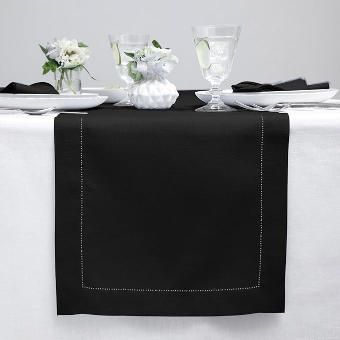 Solino Home Linen Black Table Runner 36 Inches - Classic Hemstitch, 100% Pure...