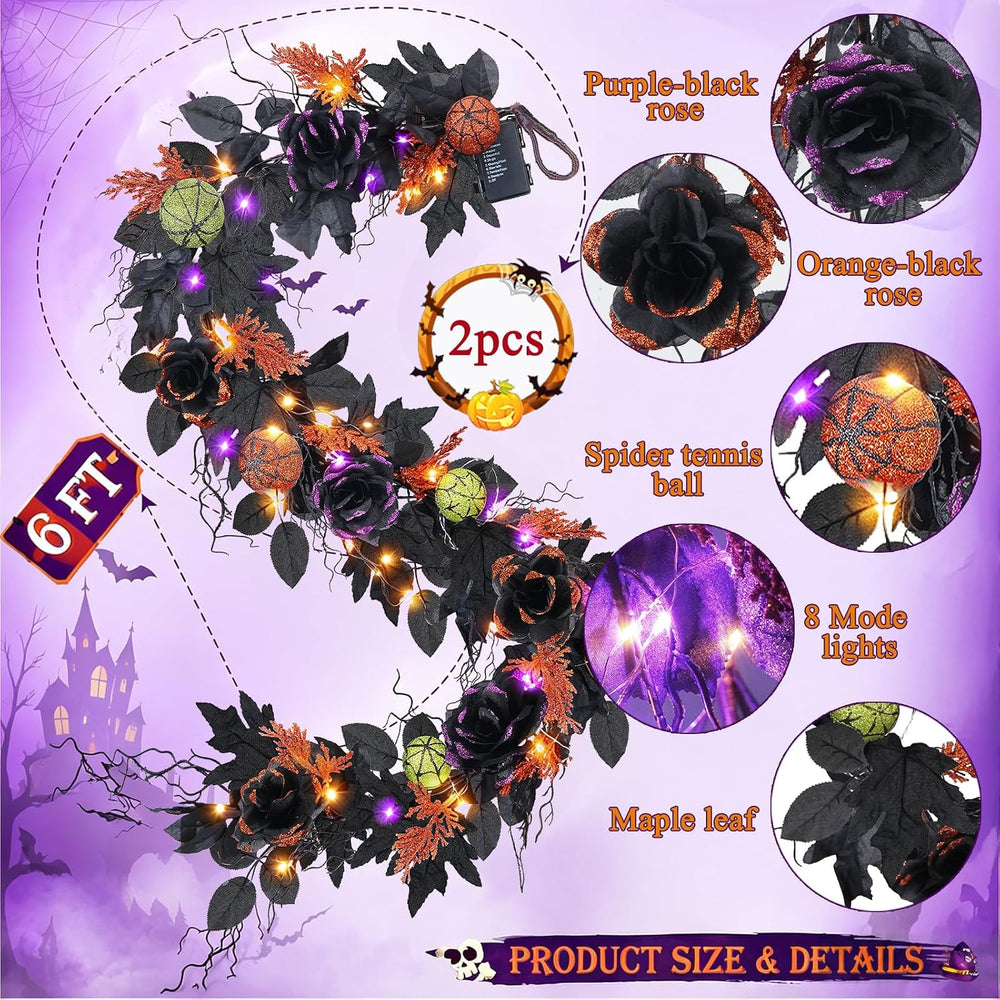 6FT Pre-Lit Halloween Garland with Lights, 2Pcs Black Rose Garland